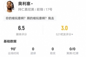 薩內(nèi)上身？奧利塞本場4射1正1失良機(jī)+29丟失球權(quán)+21對抗8成功