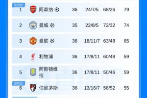 英超積分榜：槍手多賽領先曼城5分2凈勝球 西漢姆先賽距保級區1分