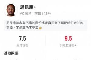 恩昆庫本場數據：1造點+1點射+1關鍵傳球，評分7.5